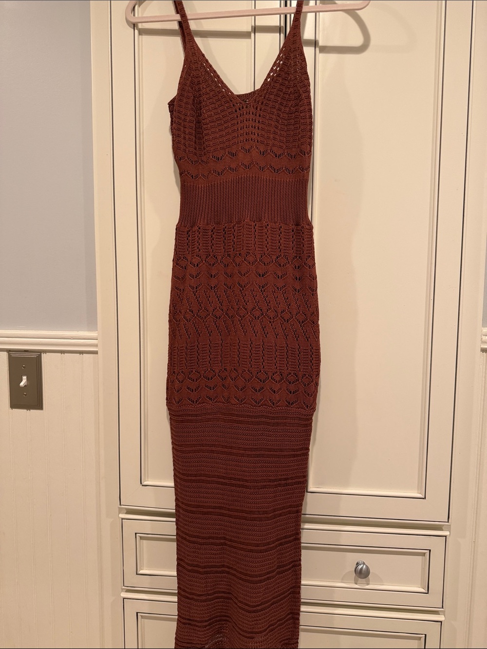 Vici Rust Brown Crochet Maxi Dress with Spaghetti Straps